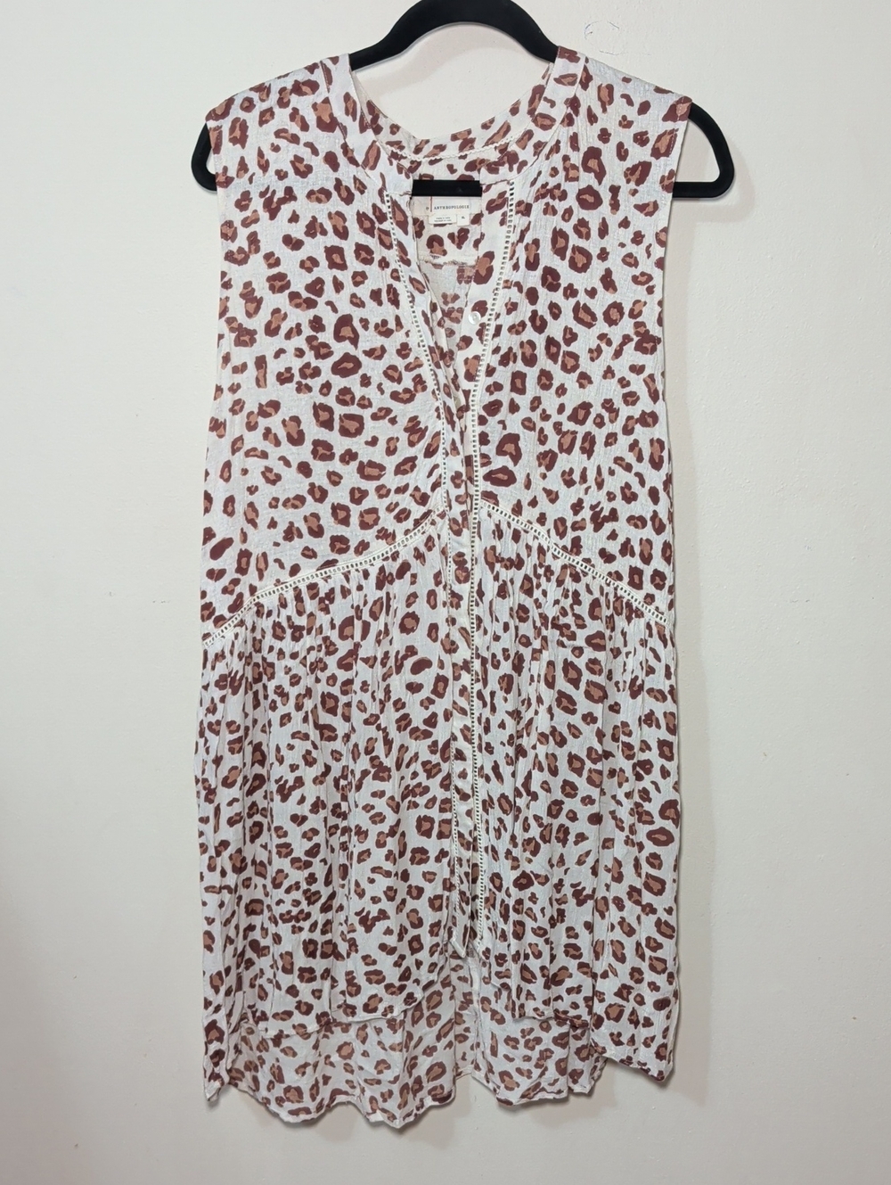 Anthropologie Leopard Print Nia Tunic White Brown Crochet Detail Women's Size XL